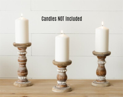 Wooden Pillar Candle Holders, Stacked Bead Design Set