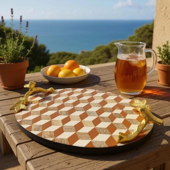 Wooden Serving Tray, Geometric Inlay and Gold Bird Handles for Boho