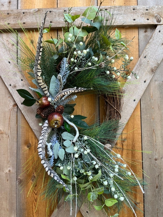 Woodland Holiday Wreath with Birch Bark Accents and Red Berries