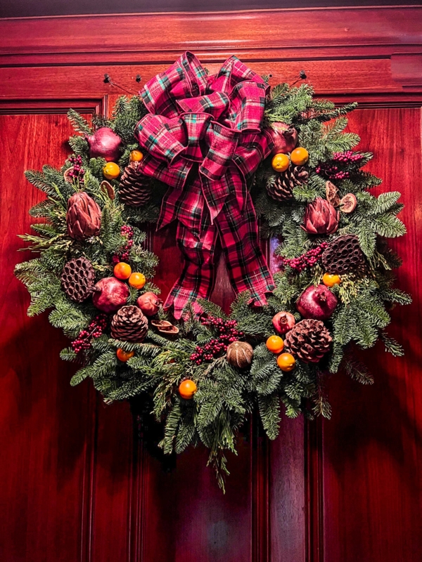 Woodland Style Wreath with Brown Velvet Bow, Pinecones and Mixed Greens