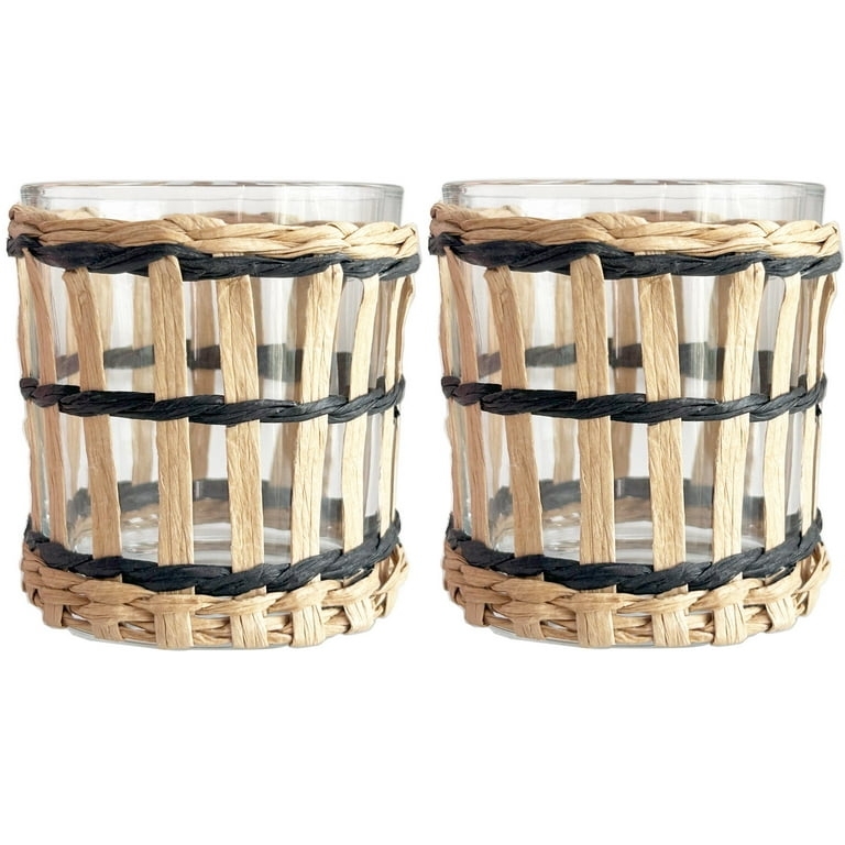 Woven Rattan Votive Holder Glass Liner Cylindrical Form Set Natural