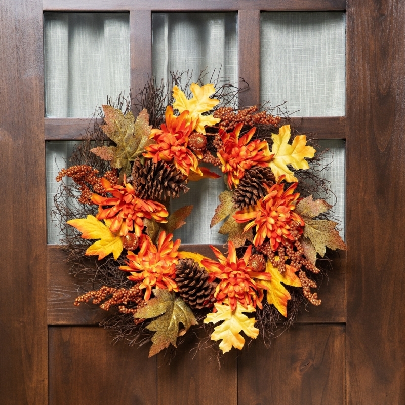 Wreath Artificial Harvest Glittered Mums Acorns Rustic Twig Decor
