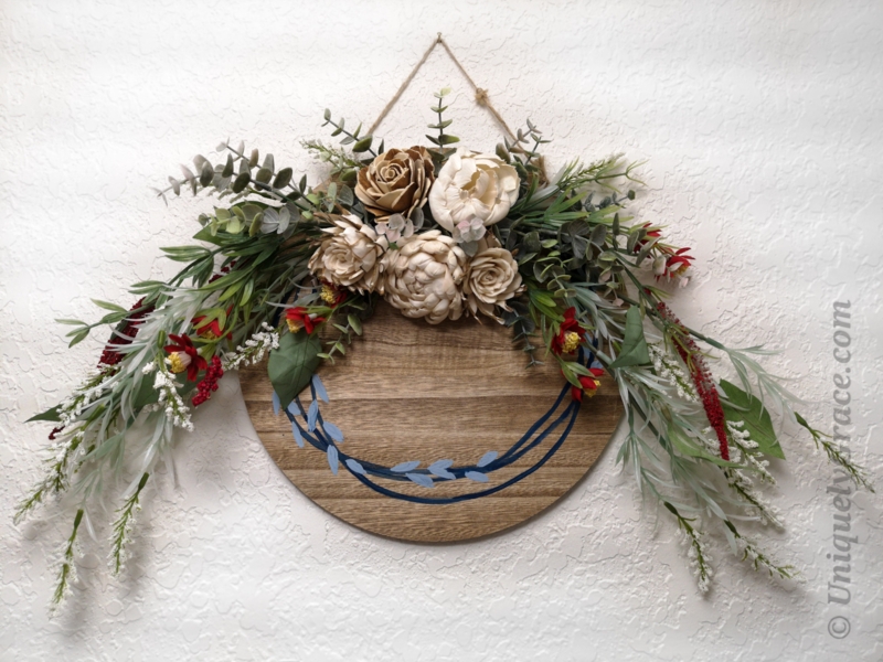 Wreath, Asymmetrical Floral Arrangement, Flat Wood Base, Patriotic Decor.
