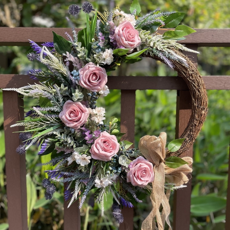 Wreath, Black And White Striped Bow, Pink Rose And Lavender Wreath