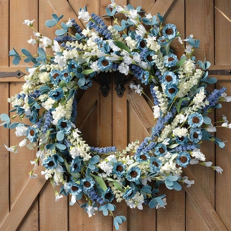 Wreath, Blue Daisies On Grapevine Base, Blue Daisy Spring Wreath