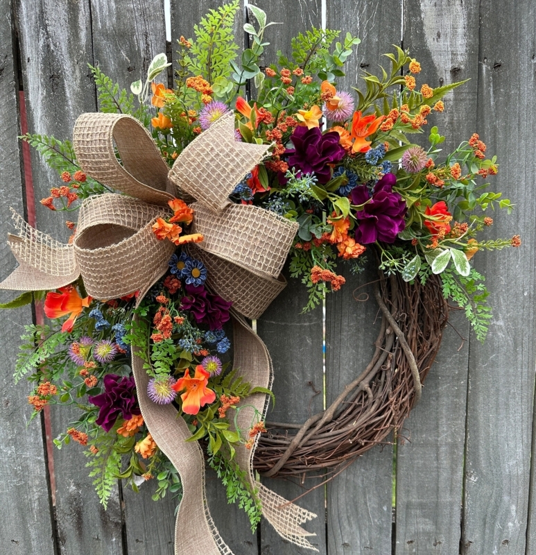 Wreath Dense Dahlia Blooms Mixed Florals Orange And Purple Dahlia Decor