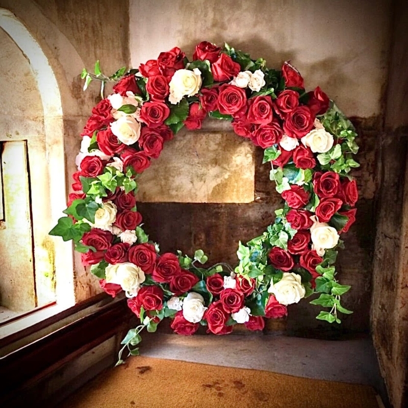 Wreath, Dense White Blooms, Elegant Sympathy Floral Arrangement.