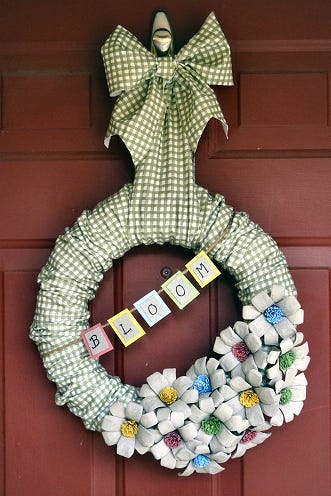 Wreath, Egg Carton Flowers, DIY Spring Decor, Twig Base, Pastel Palette.