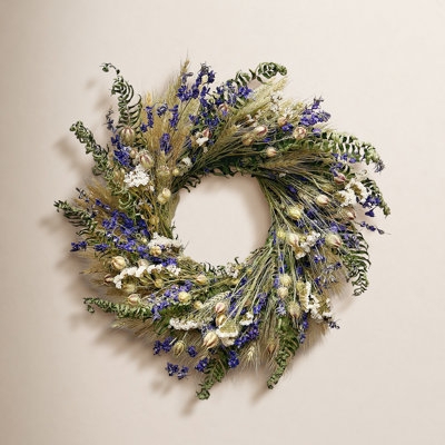 Wreath featuring Dried Blue Larkspur and Fern Accents, Cottagecore Style