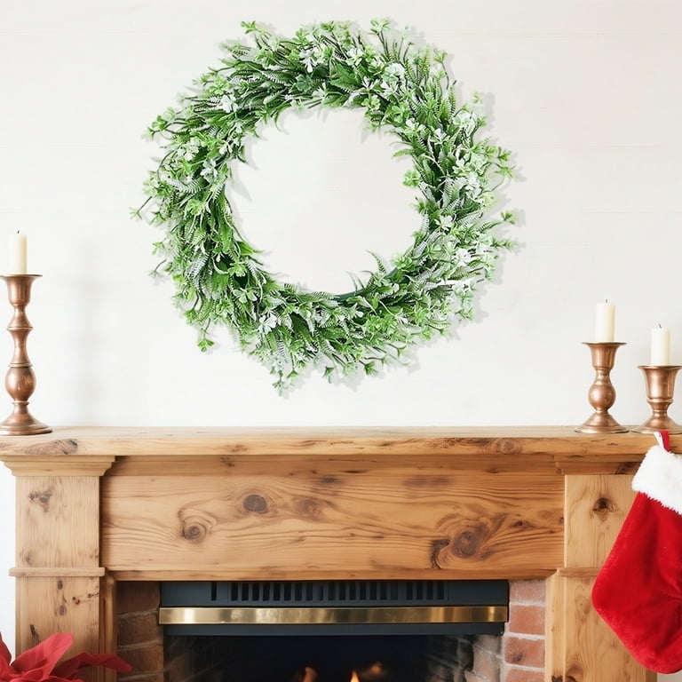 Wreath Fern Leaves Traditional Style Over Wood Mantel Holiday Arrangement