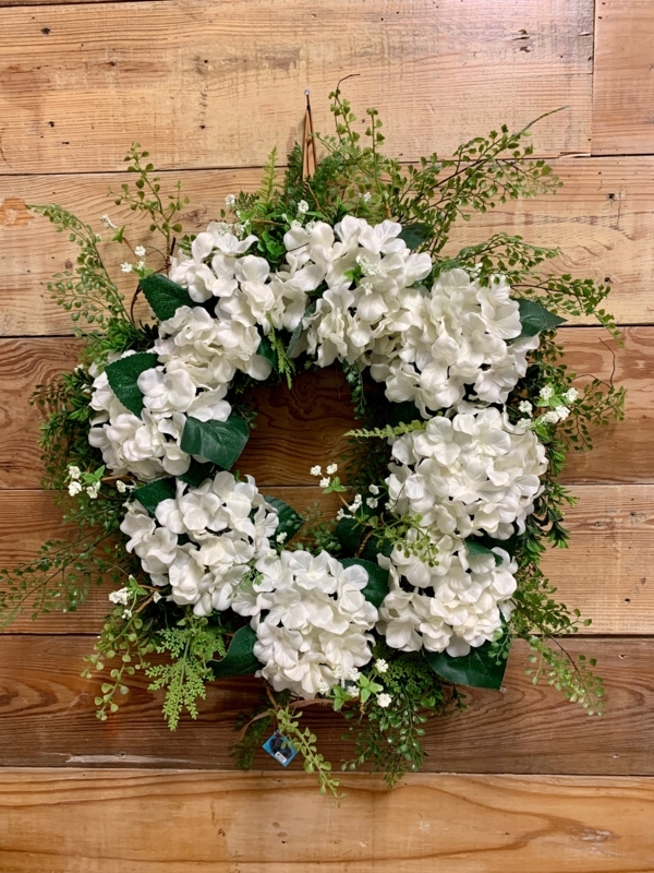 Wreath: Full Bloom Density White Hydrangea Door Decor
