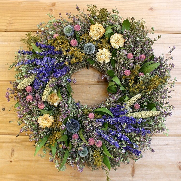 Wreath Globular Flowers Mixed Lavender Sprigs Rustic Dried Flower Wreath