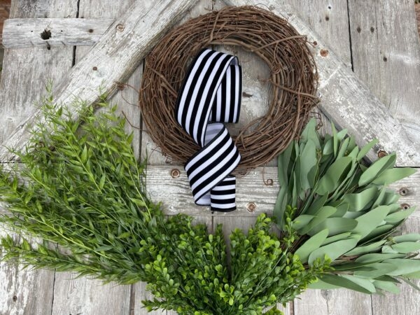 Wreath Kit DIY Farmhouse Greenery Wreath with Black and White Stripe Ribbon