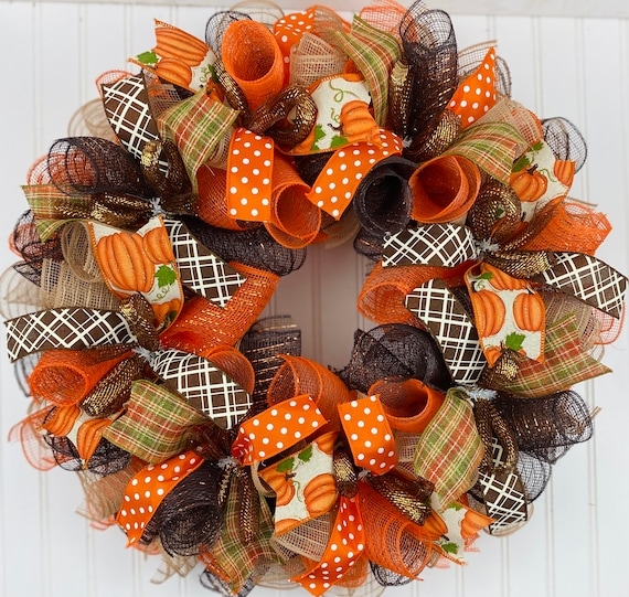 Wreath, Mesh and Burlap Mix, Voluminous Ruffles, Orange Mesh Door Wreath