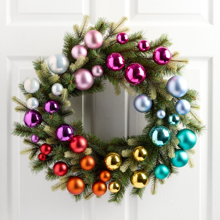 Wreath Mixed Faux Greenery with Rainbow Ornament Sequence