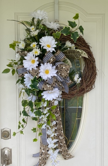 Wreath on Grapevine Base with Teal Hydrangeas, Rustic Farmhouse