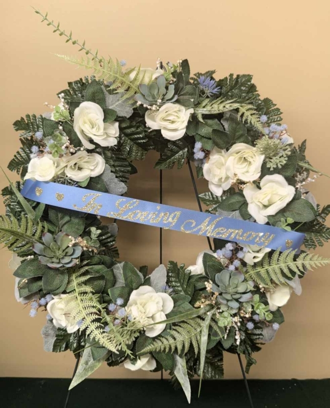 Wreath on Tripod Easel with Blue Hydrangea Accents, Traditional Style