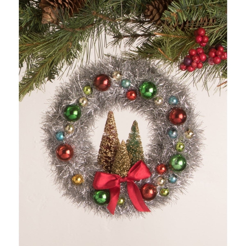 Wreath Ornament Vintage Tinsel Ring, Miniature Woodland Scene & Trees
