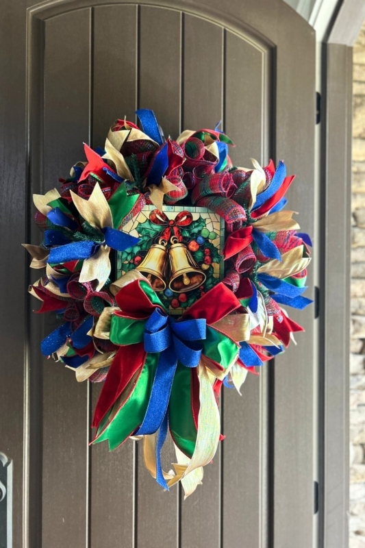 Wreath Oversized Gold Bells Stained Glass Sign Deco Mesh