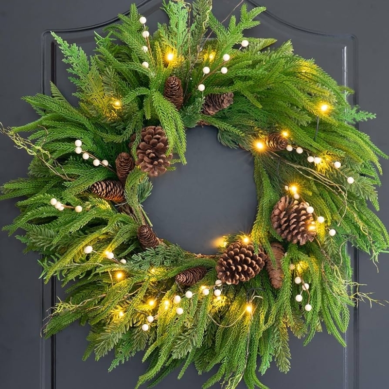 Wreath Prelit Norfolk Pine Needles Farmhouse Christmas Decor