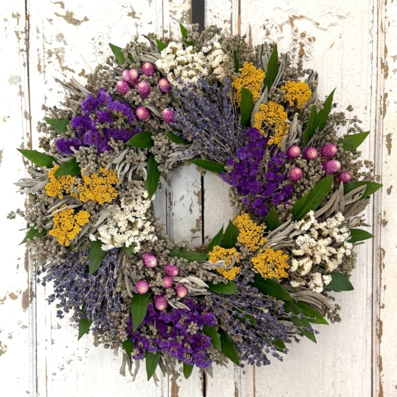 Wreath Preserved Botanicals Vibrant Yellow Clusters Handmade Decor