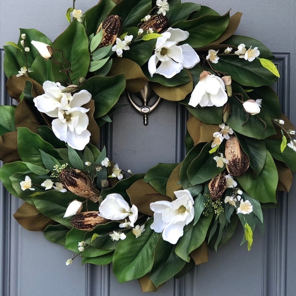 Wreath: Realistic Seed Pods and Large Creamy Magnolia Blossoms