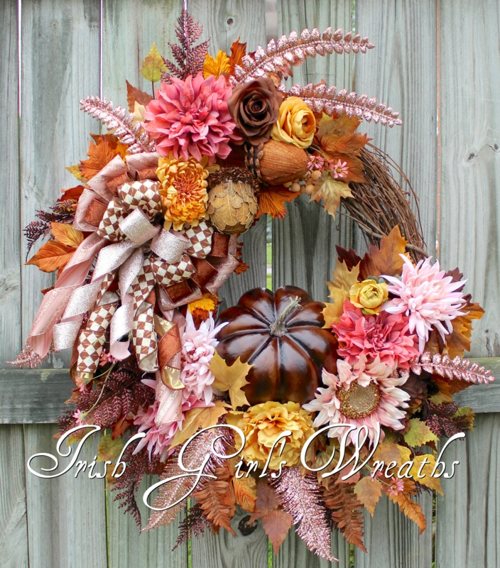 Wreath, Rose Gold Pumpkins and Pink Palette, Glamour Door Decor