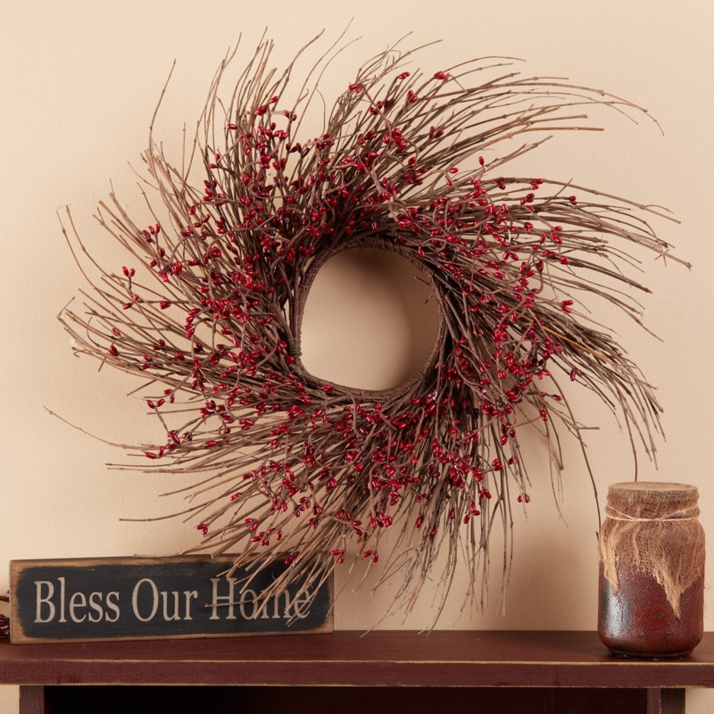 Wreath Rustic Natural Twig Burgundy Pip Berries Farmhouse Wall Decor