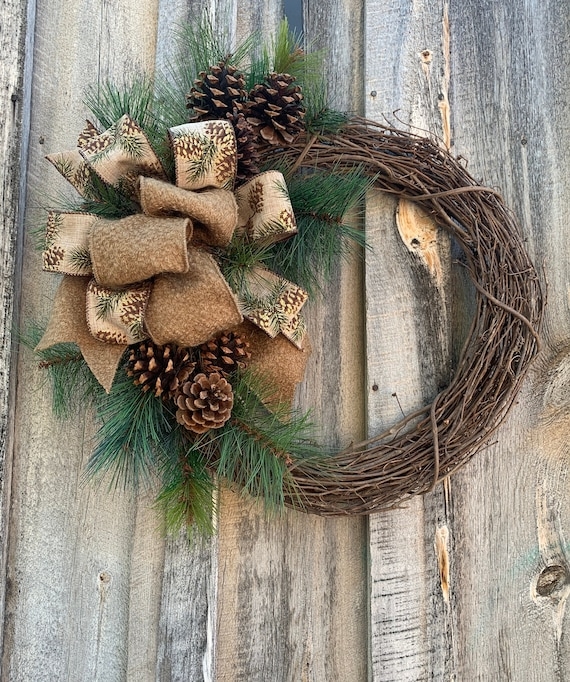 Wreath Rustic Pinecone Winter Textured Ribbon Cabin Style