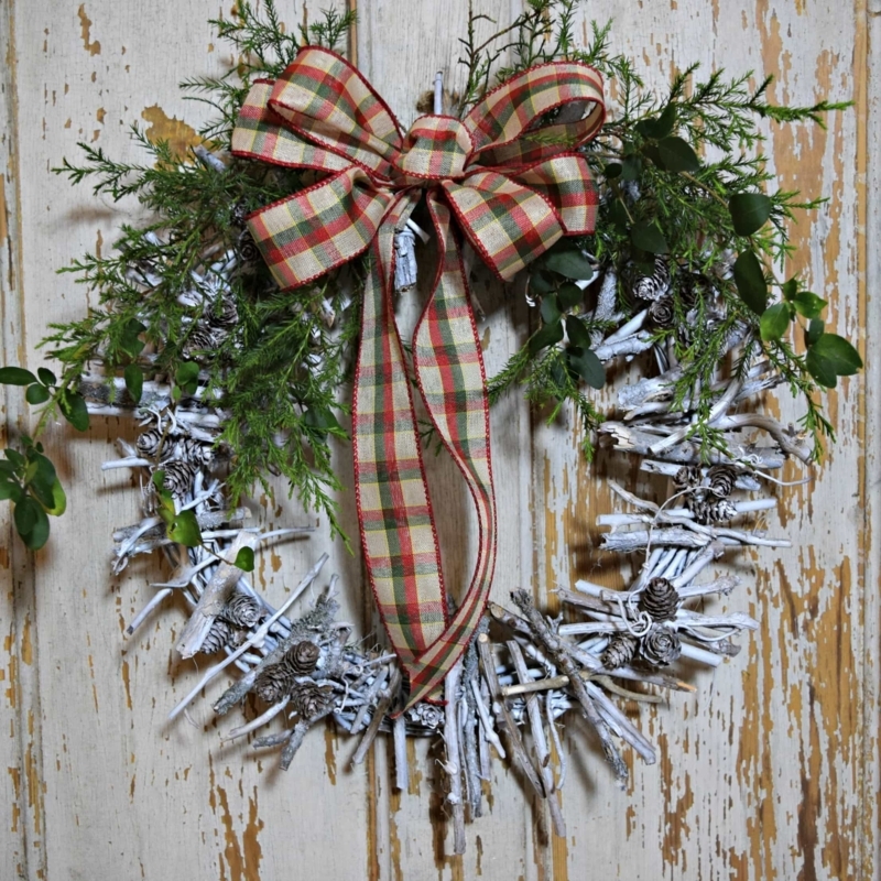 Wreath Rustic Twig Dried Hydrangeas Plaid Bow Farmhouse Door Decor