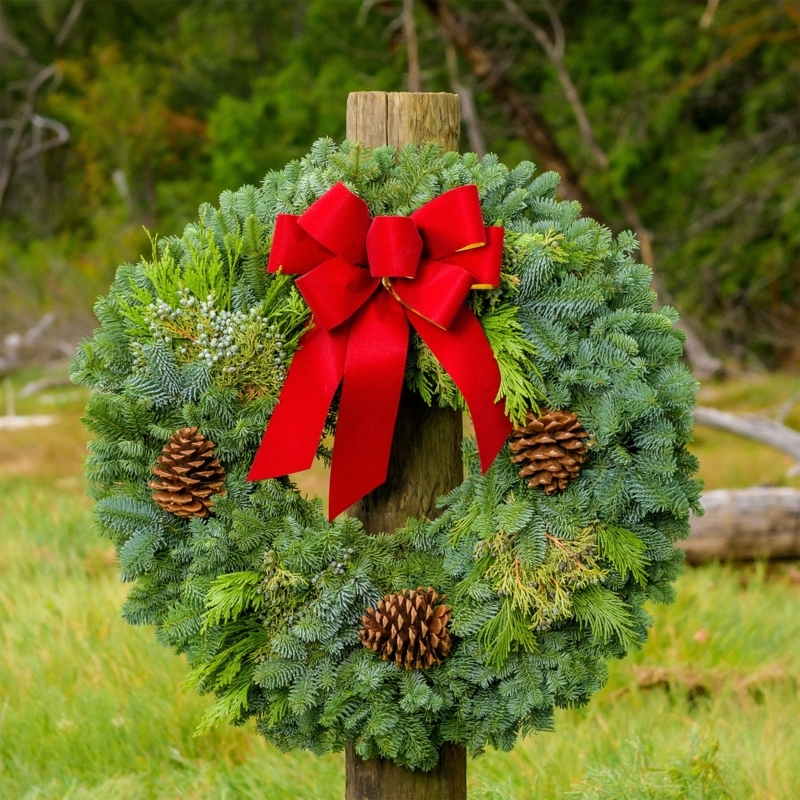 Wreath Traditional Holiday Front Door Red Berry Accents Lush Base