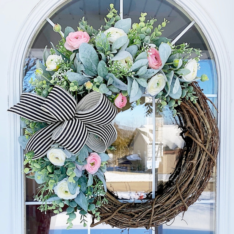 Wreath Velvety Texture Mixed Greenery Spring Lambs Ear Ranunculus Wreath