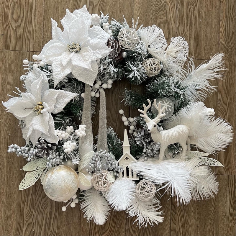 Wreath: White Poinsettias and Fern Foliage Winter Decor