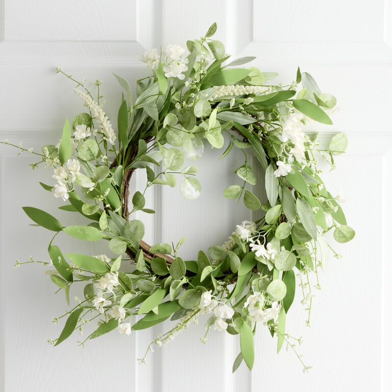 Wreath: White Star Blossoms & Sage Eucalyptus Modern Farmhouse Decor.