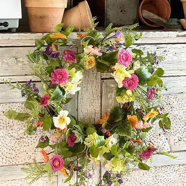 Wreath Wildflower Buds Dense Foliage Colorful Spring Floral Door Decor