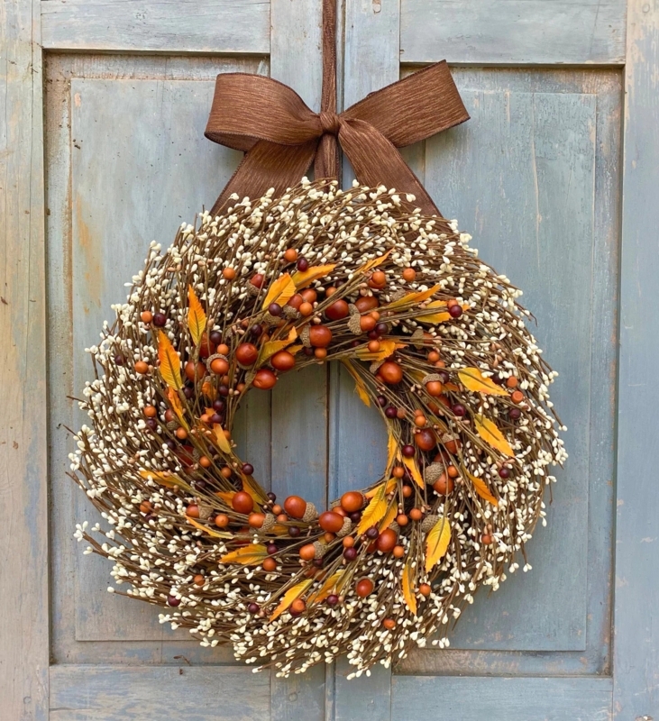 Wreath with Acorn Details and Orange Bow, Fall Front Door Decor