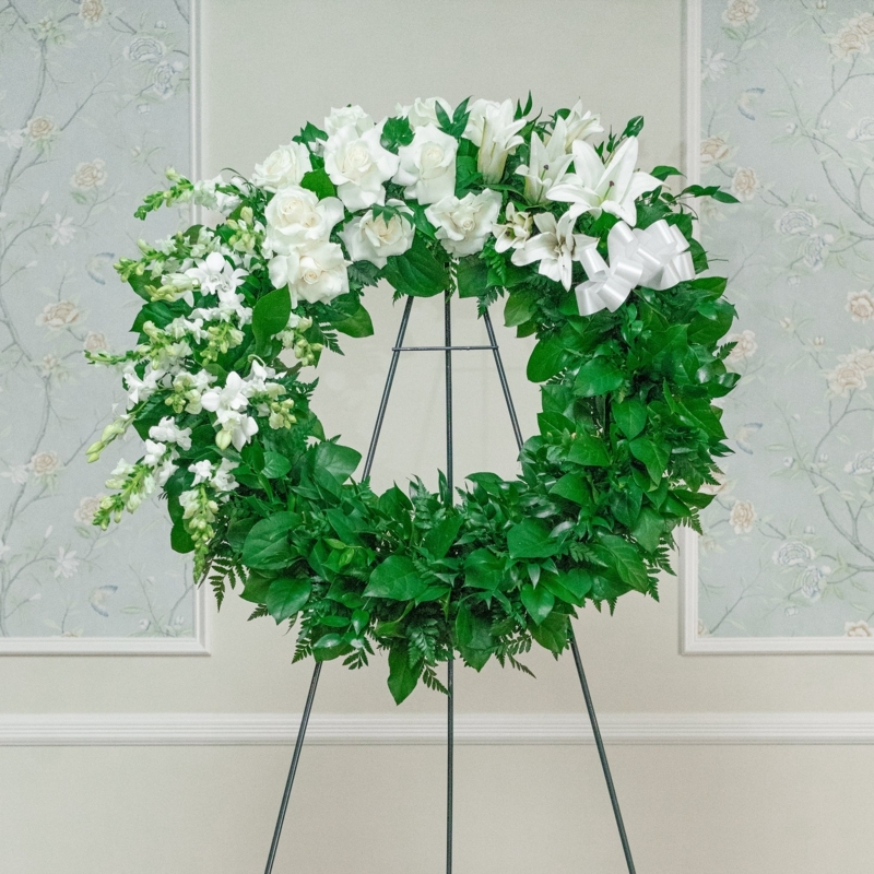 Wreath with All Greenery Composition on Metal Stand, Elegant Tribute.