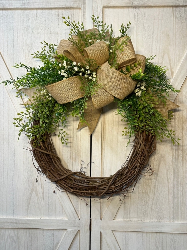 Wreath with Asymmetrical Arrangement, Hoop Base, Modern Farmhouse Style