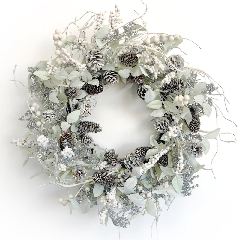 Wreath with Birch Branch Base, Iced Pine Cones, Rustic Winter Style