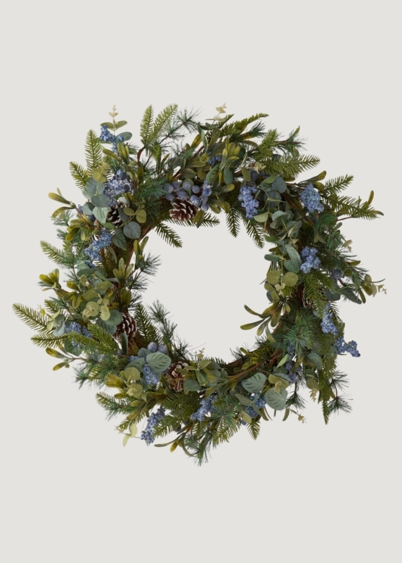 Wreath with Blue Berries & Mixed Needle Texture, Modern Farmhouse Winter.