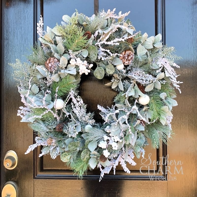 Wreath with Blue Winter Palette, Plaid Bow, Frosted Farmhouse Style