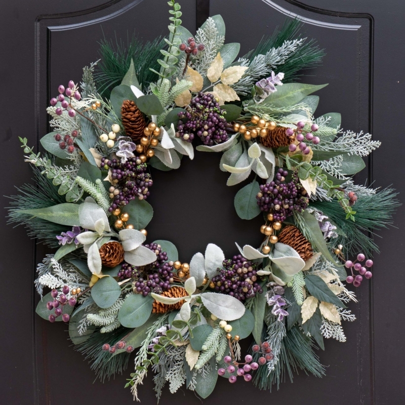 Wreath with Blueberry Accents, Frosted Snow Effect, Rustic Winter Style