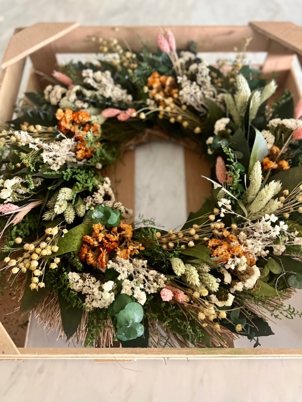 Wreath with Bohemian Dried Grasses, Feathery Texture, and Muted Teal