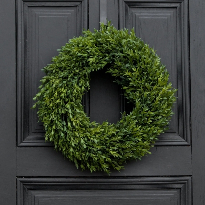 Wreath with Boxwood Leaves, Modern Front Door Styling, Vibrant Green
