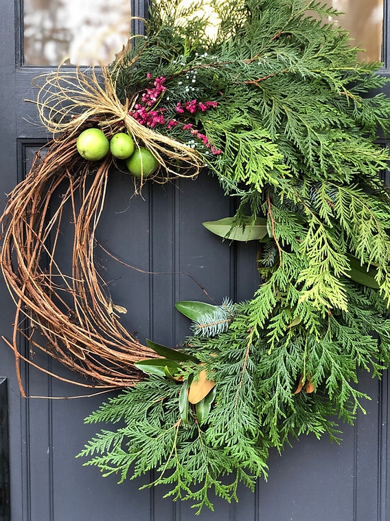 Wreath with Broad Dried Leaves, Red Berries, Foraged Rustic Style