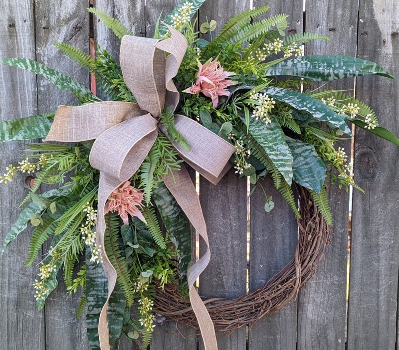 Wreath with Bromeliad Flowers, Succulent Accents, Tropical Door Decor