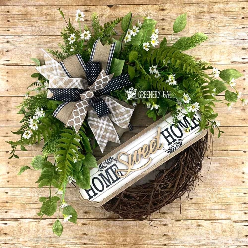 Wreath with Buffalo Check Bow and Eucalyptus, Farmhouse Botanical Decor