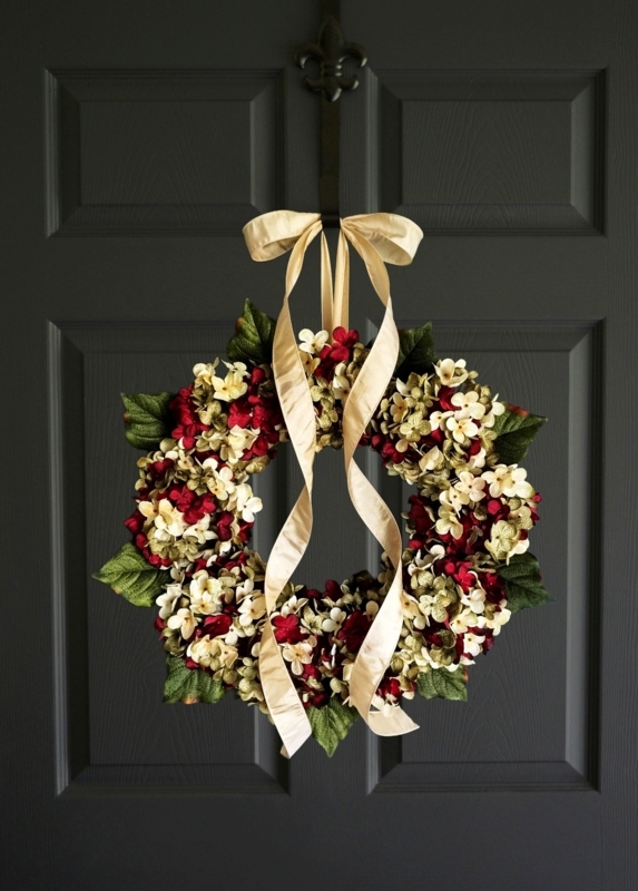 Wreath with Burgundy Hydrangeas, Lush Floral Density, Farmhouse Style