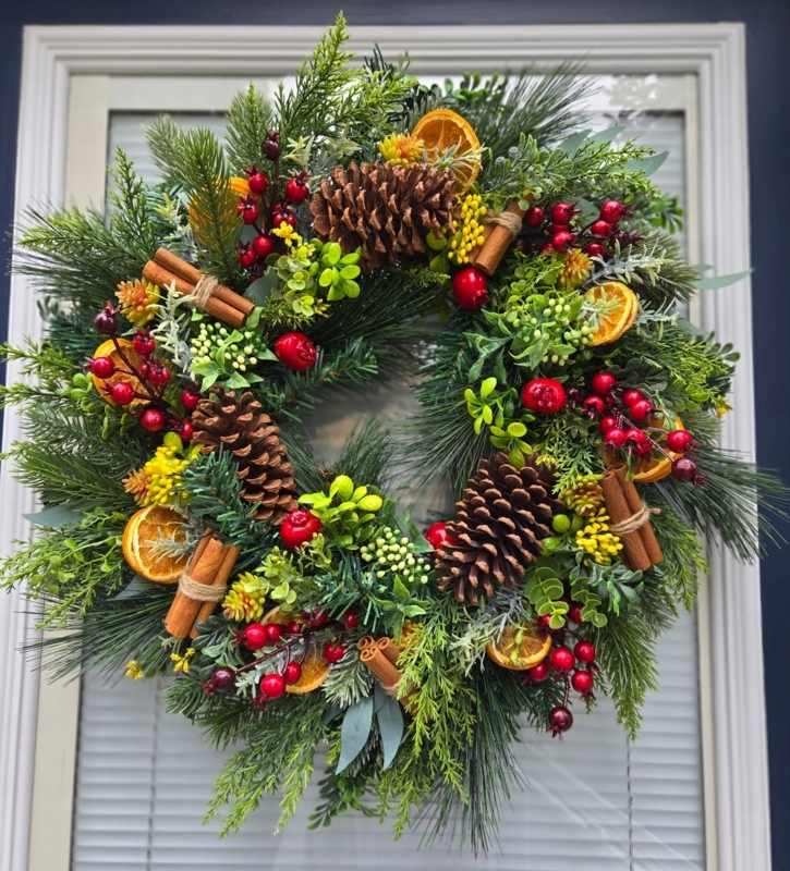 Wreath With Burgundy Velvet Bow, Evergreen Wreath With Velvet Bow