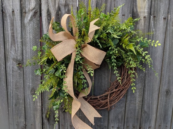 Wreath with Burlap Bow & Dense Greenery, Farmhouse Style for Year Round.